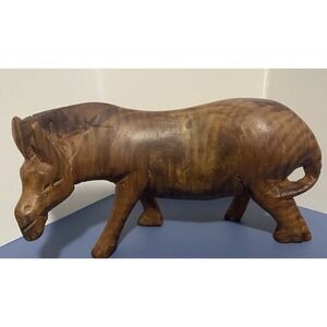 Vintage Hand Carved Solid Wood Zebra Figurine African Folk Art Boho Decor - Ear